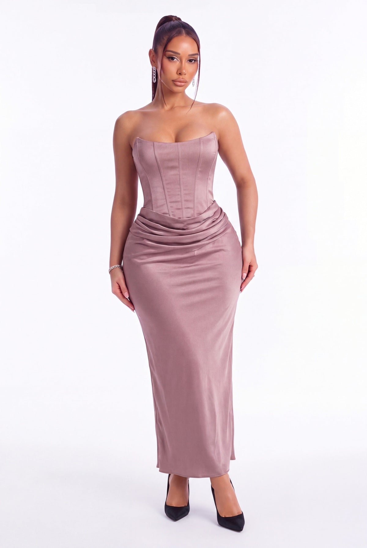 Alessandra Corset Maxi Dress - Mocha - front