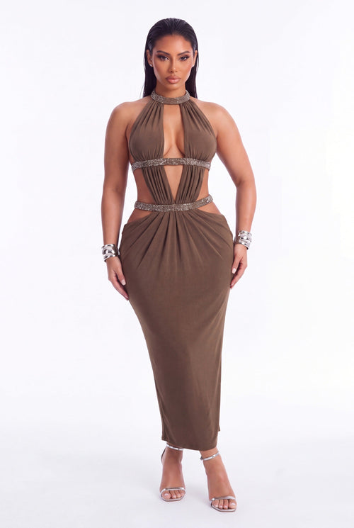 Aurora Cut Out Halter Maxi Dress - Moss - front
