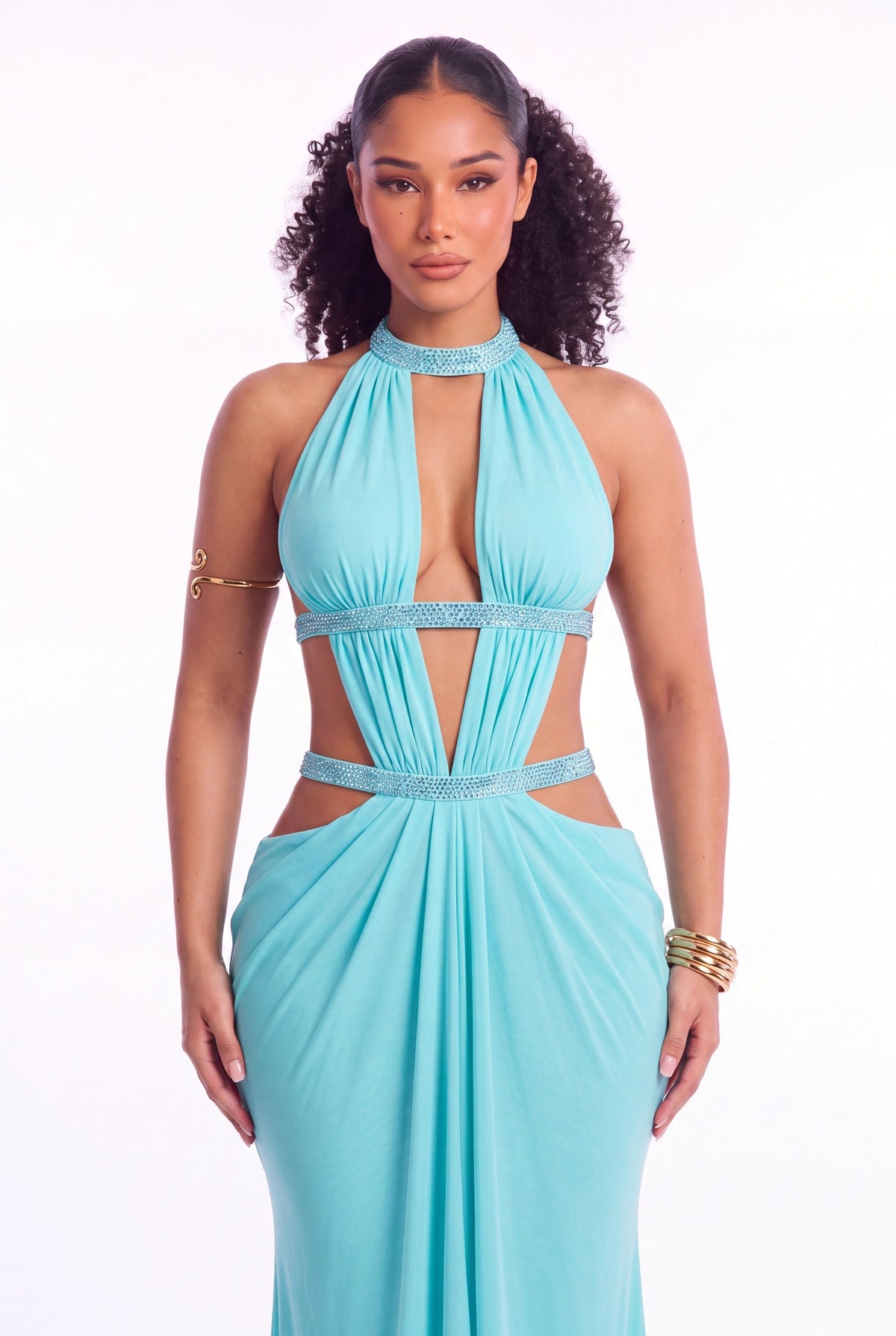 Aurora Cut Out Halter Maxi Dress - Turquoise - front close-up