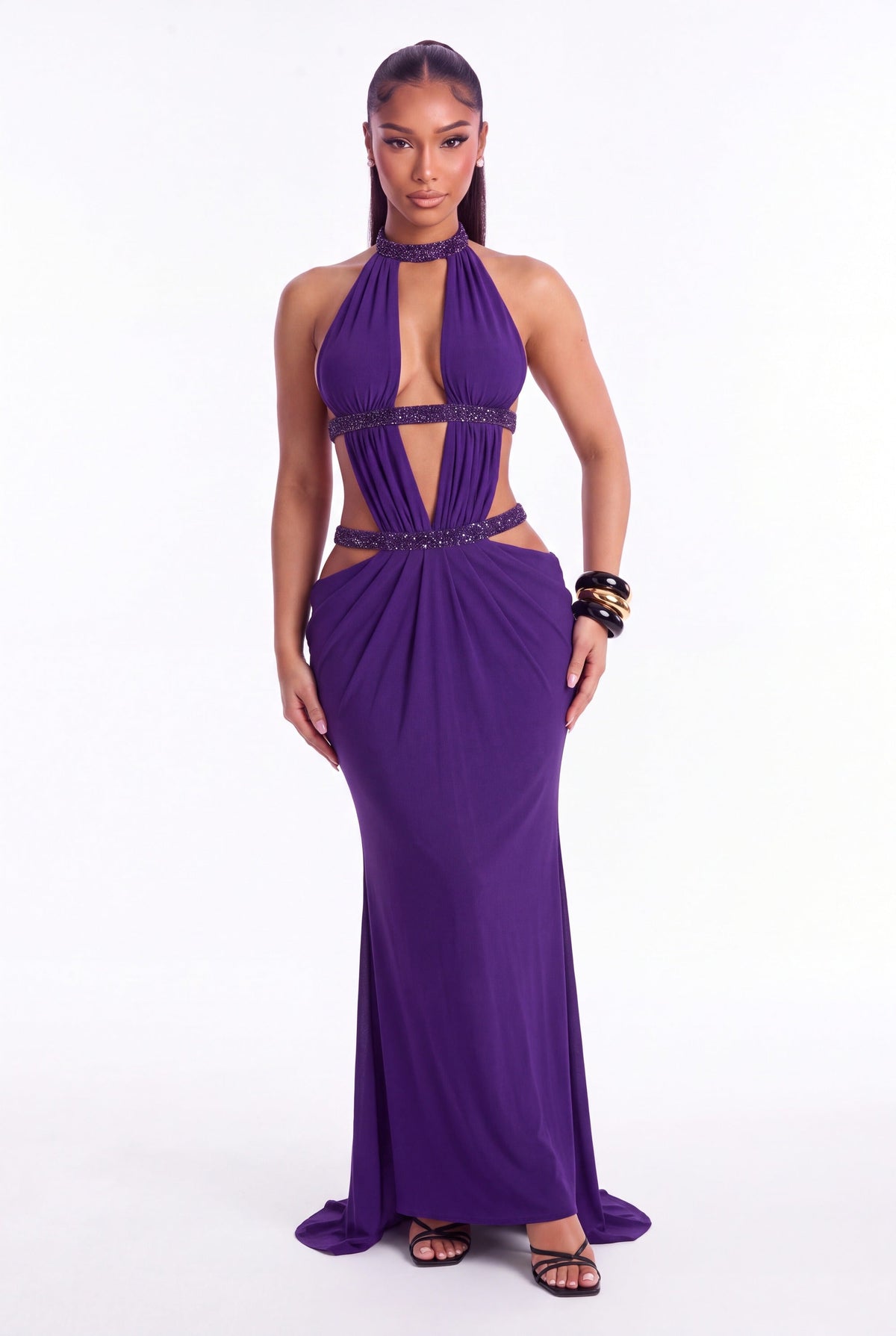 Aurora Cut Out Halter Maxi Dress - Violet - front