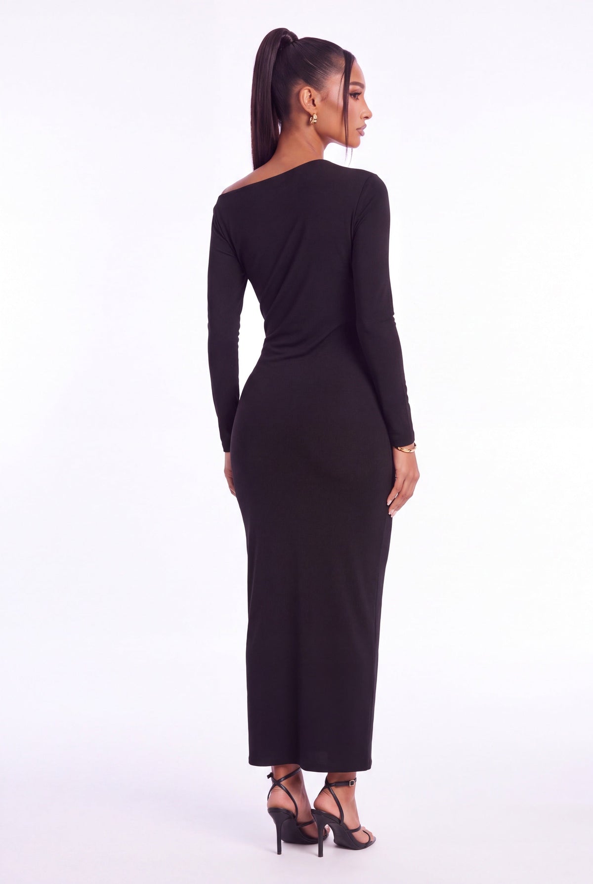 Camilla Ruched Long Sleeve Maxi Dress - Black - back