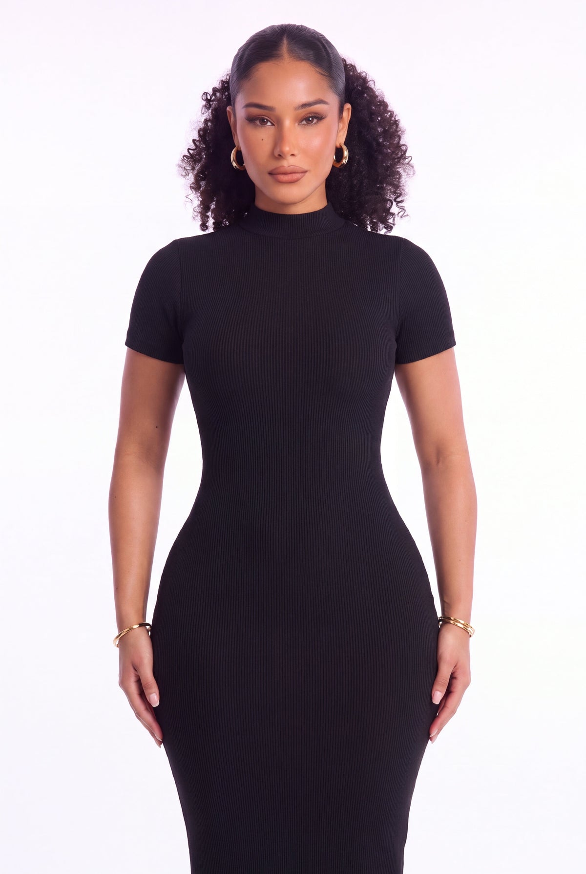 Chiara Snatched Midi Dress - Black - front close-up