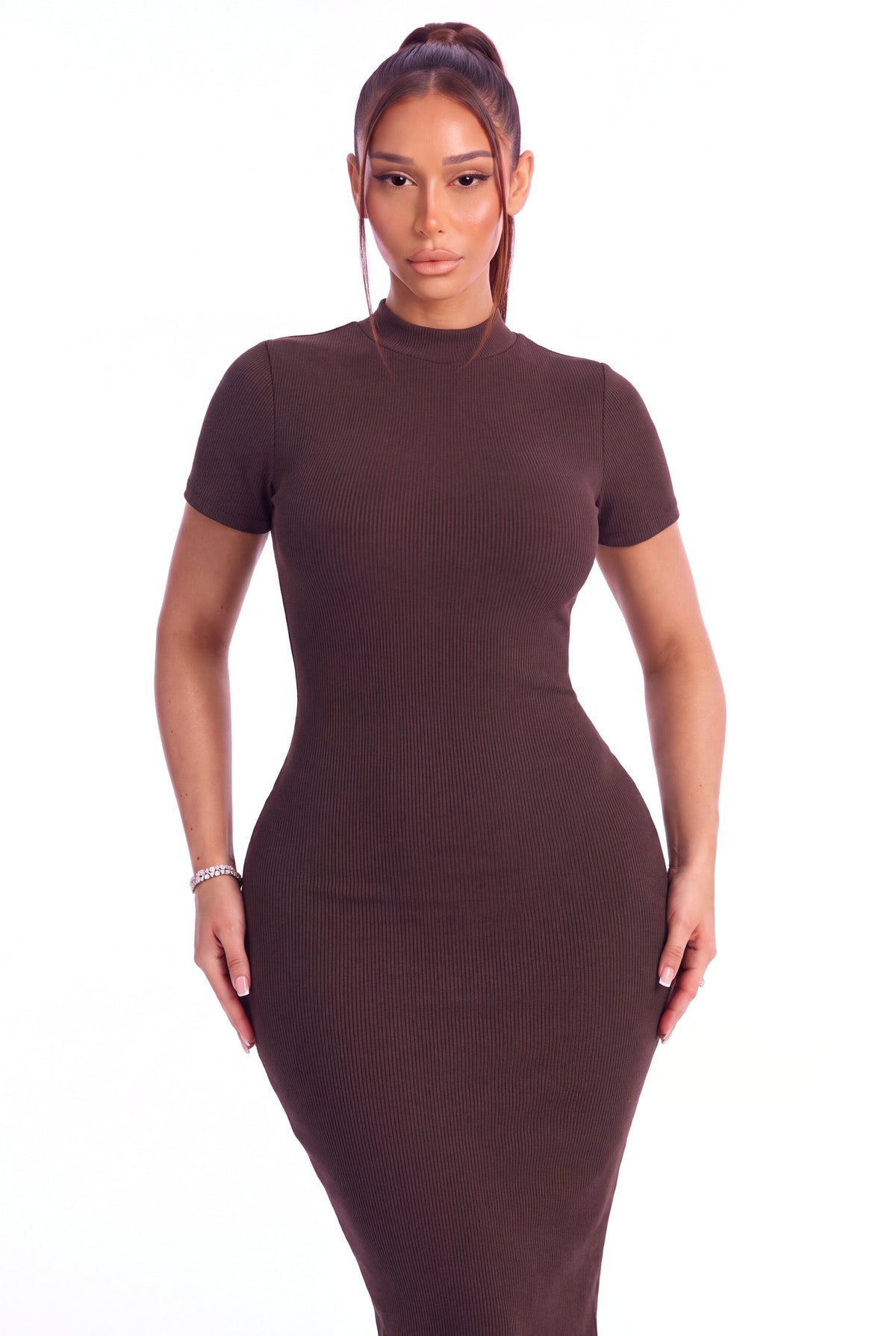 Chiara Snatched Midi Dress - Chocolate - front close-up