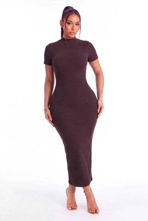 Chiara Snatched Midi Dress - Chocolate - front