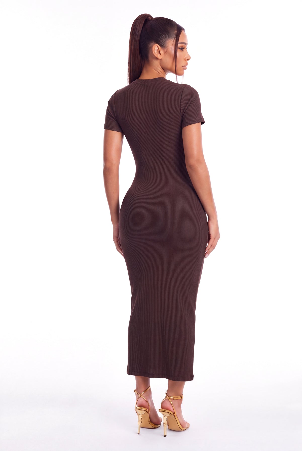 Chiara Snatched Midi Dress - Chocolate - back