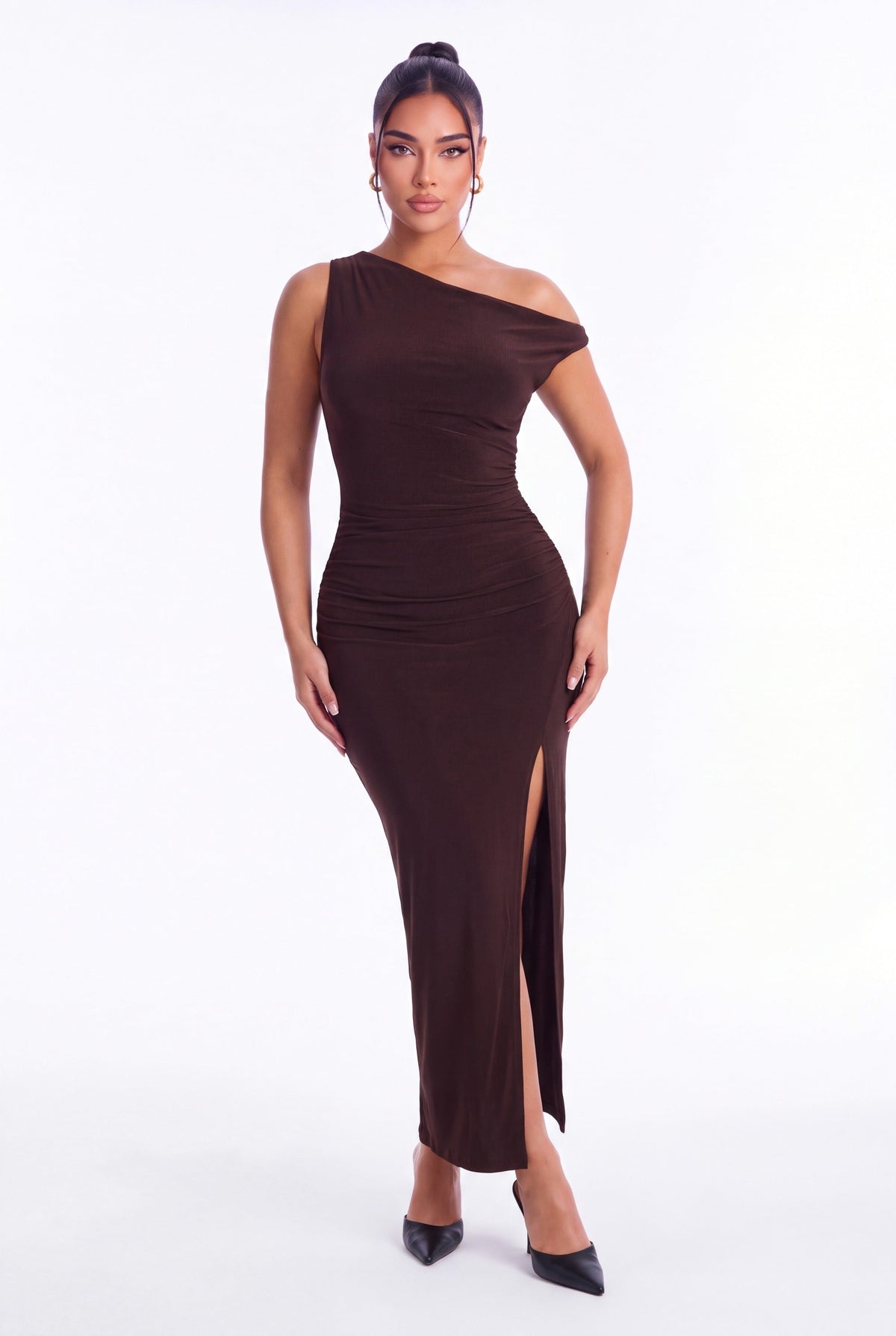 Elena One Shoulder Maxi Dress - Dark Chocolate - front