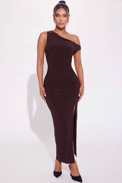 Elena One Shoulder Maxi Dress - Dark Chocolate - front