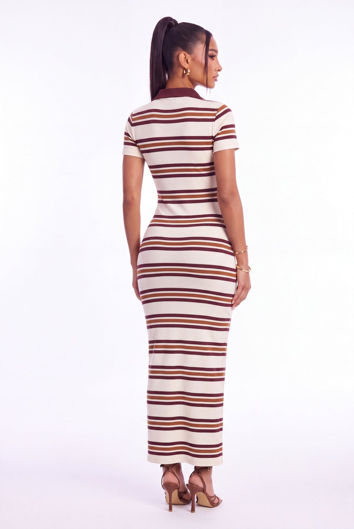 Gemma Striped Polo Maxi Dress - Brown Combo - back
