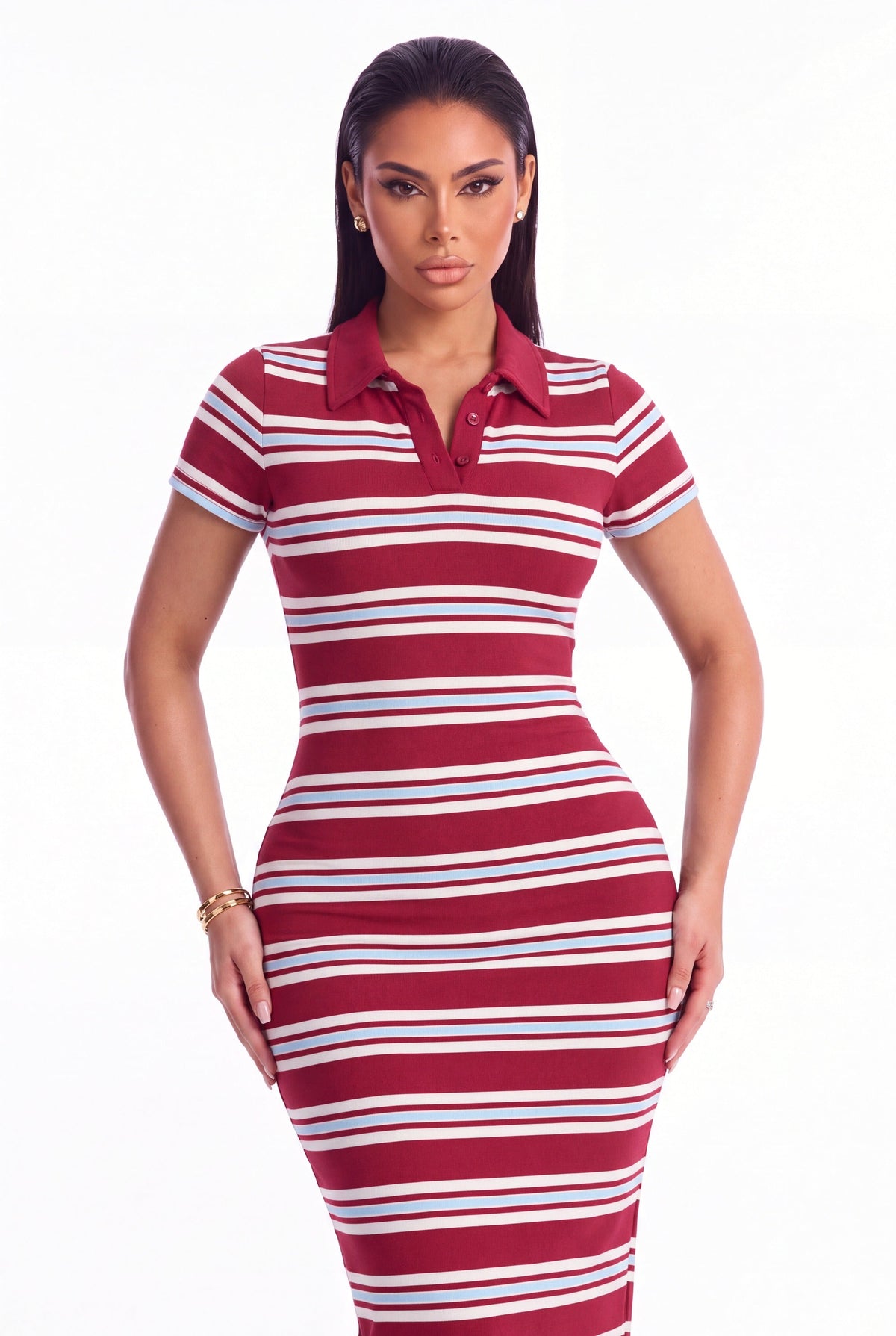 Gemma Striped Polo Maxi Dress - Burgundy Combo - front close-up
