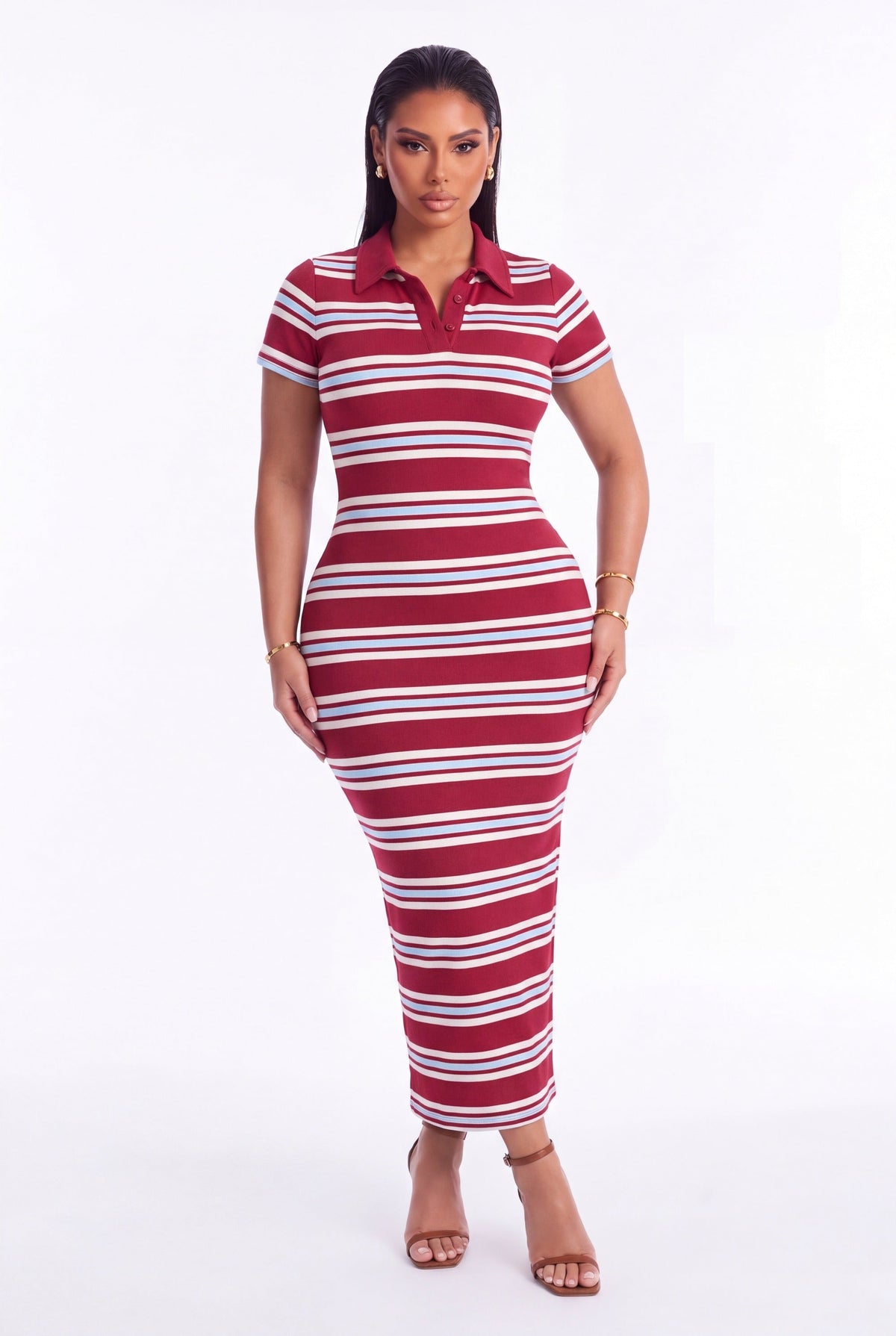 Gemma Striped Polo Maxi Dress - Burgundy Combo - front