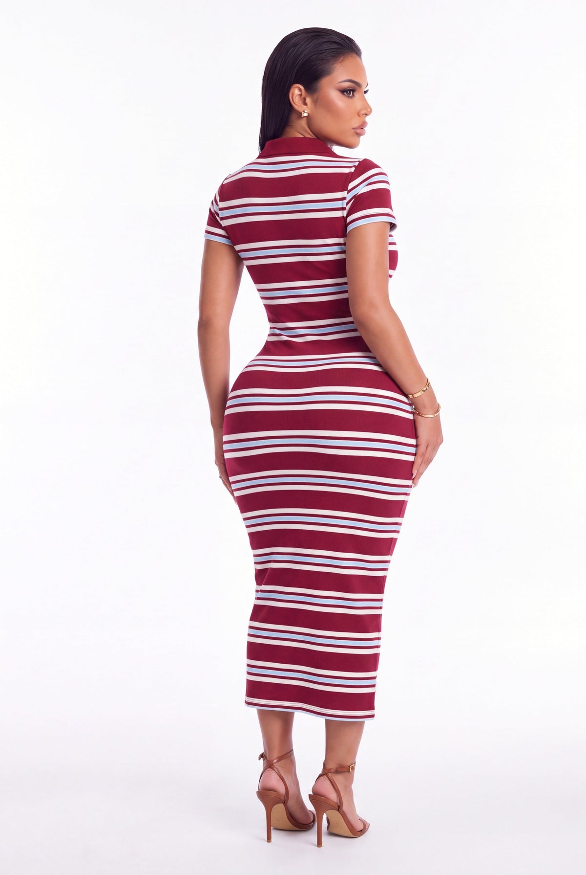 Gemma Striped Polo Maxi Dress - Burgundy Combo - back