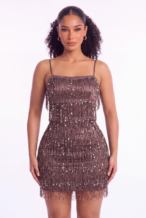 Noemi Fringe Mini Dress - Mocha - front close-up