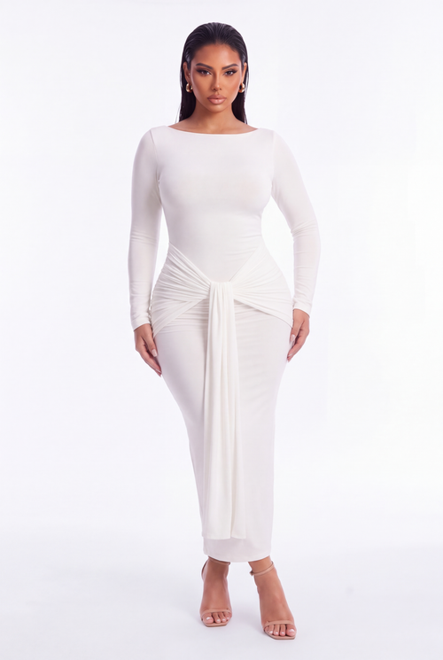 Francesca Draped Long Sleeve Maxi Dress - White - front