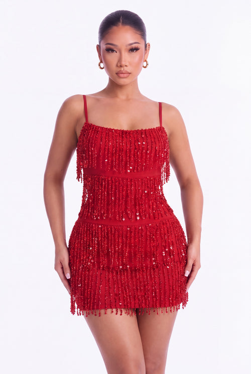 Fiamma Fringe Backless Mini Dress - Scarlet Red - front close-up