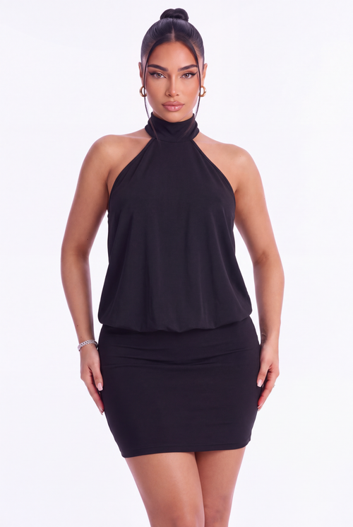 Gaia Backless Halter Mini Dress - Black - front close-up