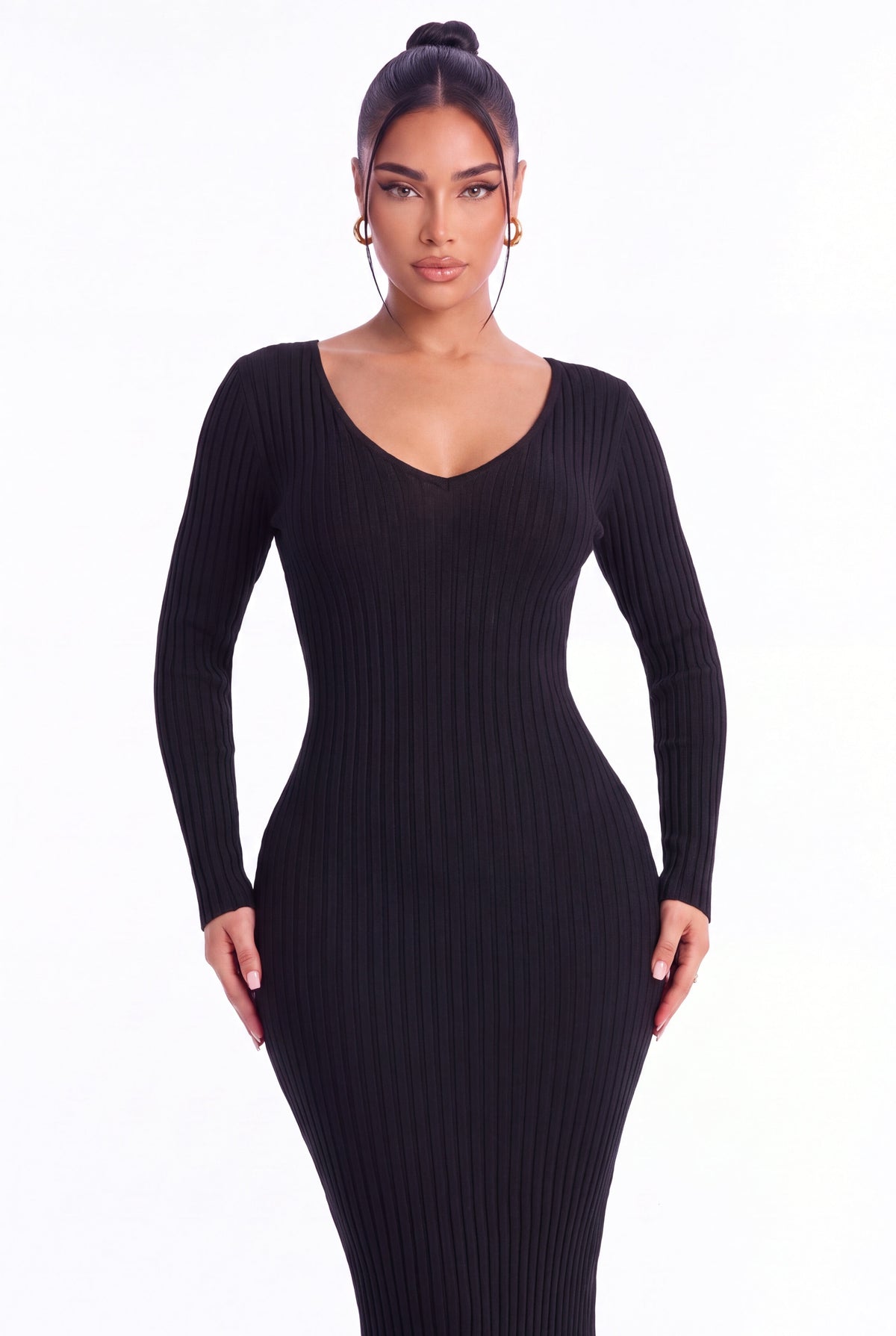 Lucia Ribbed Knit Midi Dress - Black - front close-up