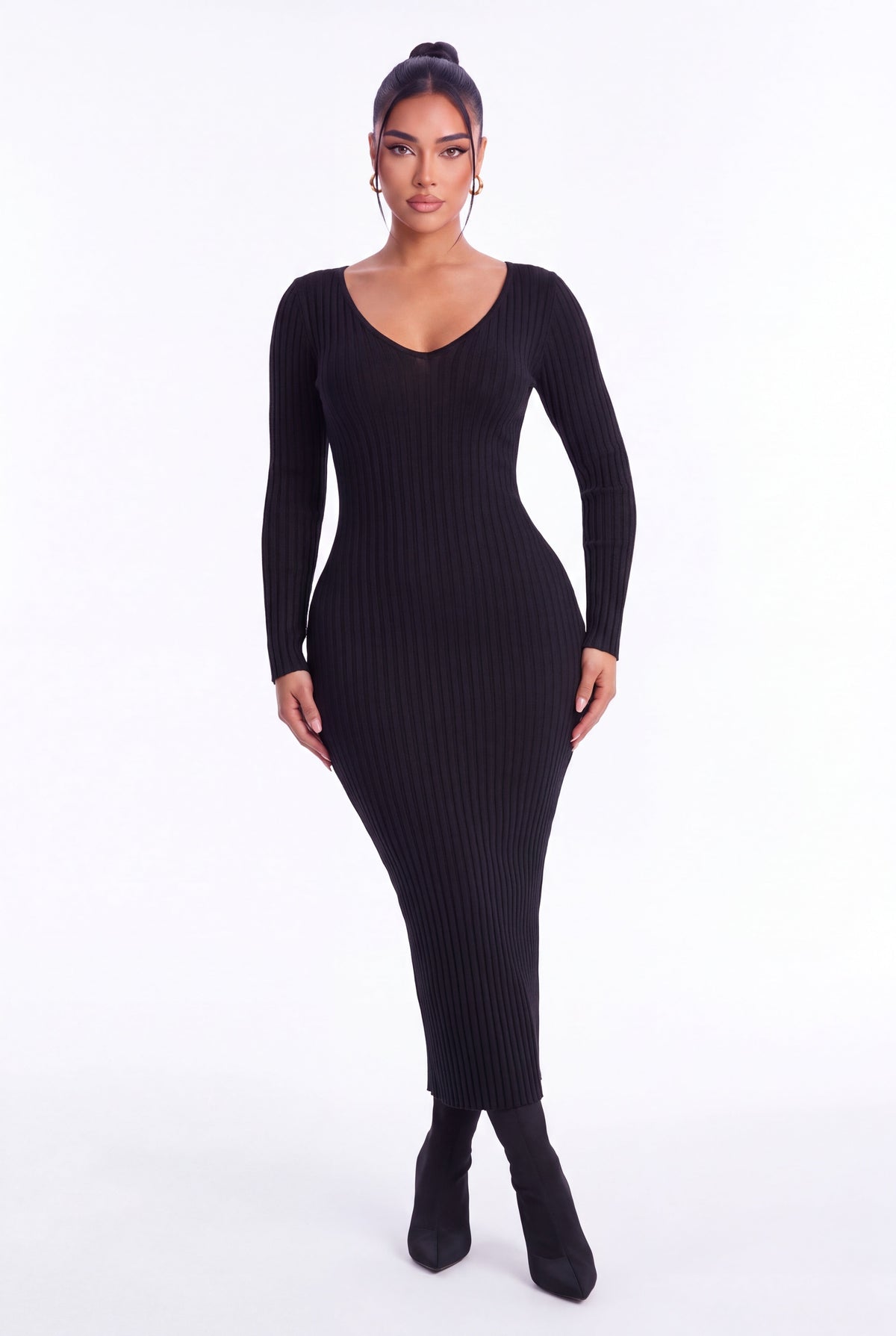 Lucia Ribbed Knit Midi Dress - Black - front