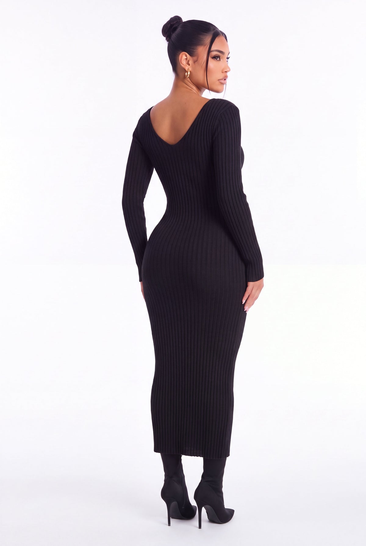 Lucia Ribbed Knit Midi Dress - Black - back
