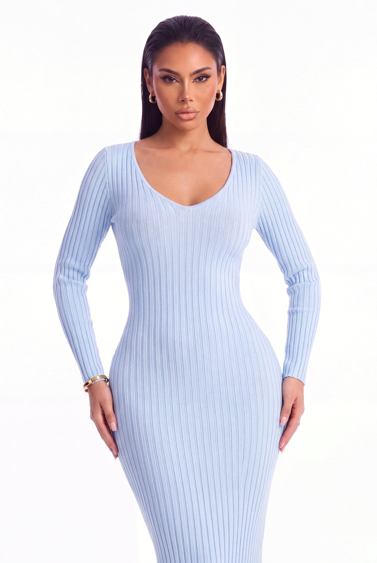 Lucia Ribbed Knit Midi Dress - Blue - front close-up