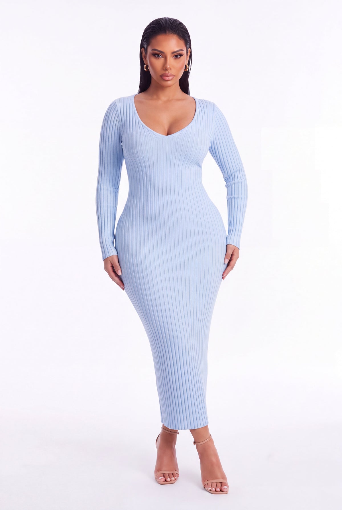 Lucia Ribbed Knit Midi Dress - Blue - front