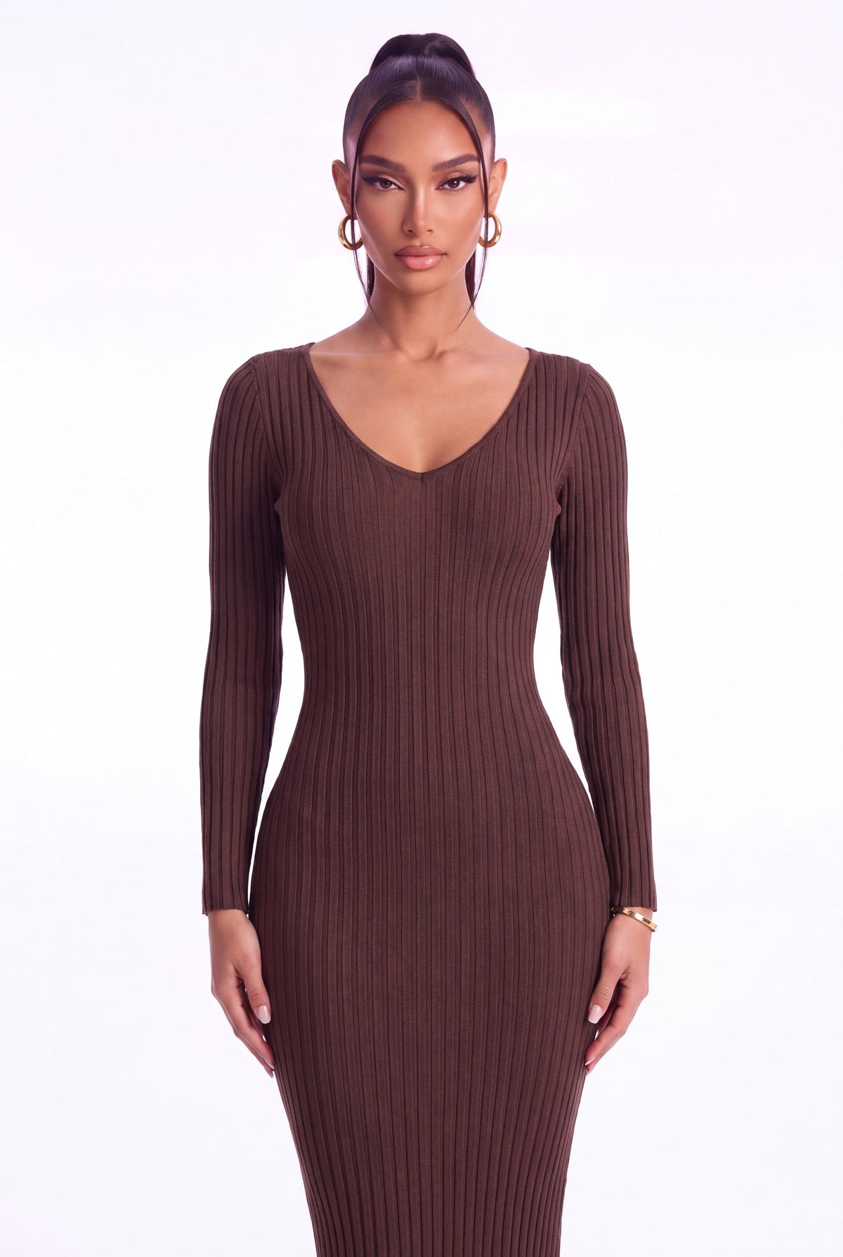 Lucia Ribbed Knit Midi Dress - Brown - front close-up