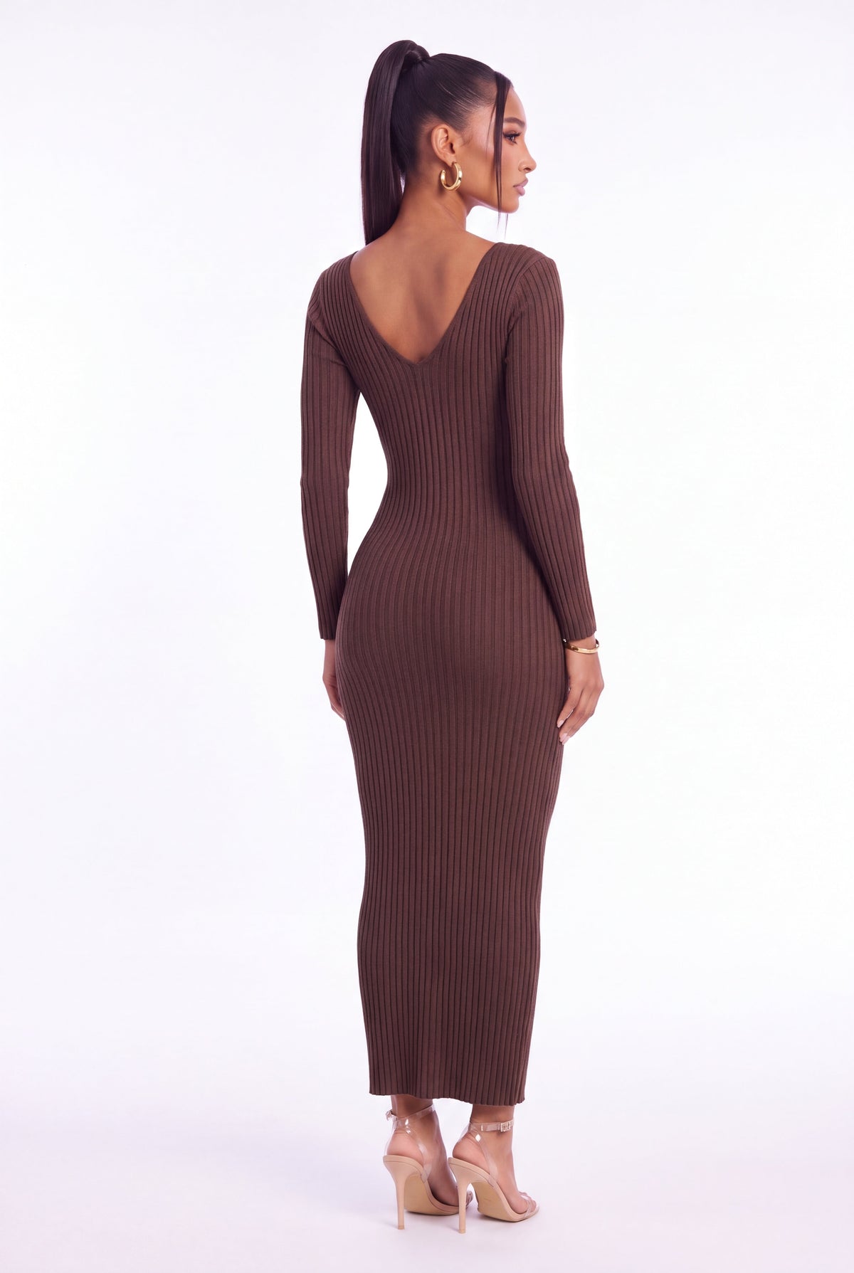 Lucia Ribbed Knit Midi Dress - Brown - back