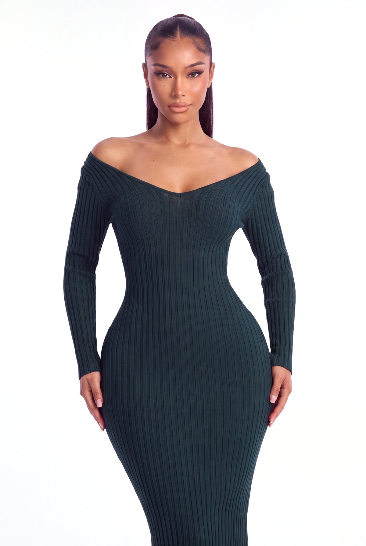 Lucia Ribbed Knit Midi Dress - Hunter Green - front close-up