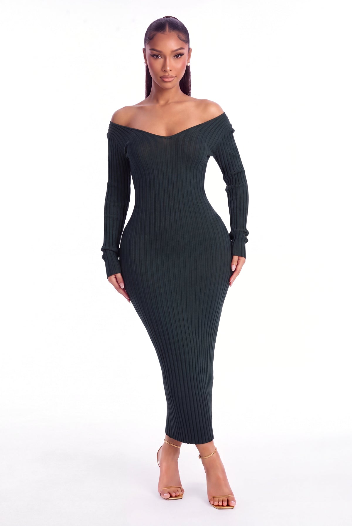 Lucia Ribbed Knit Midi Dress - Hunter Green - front