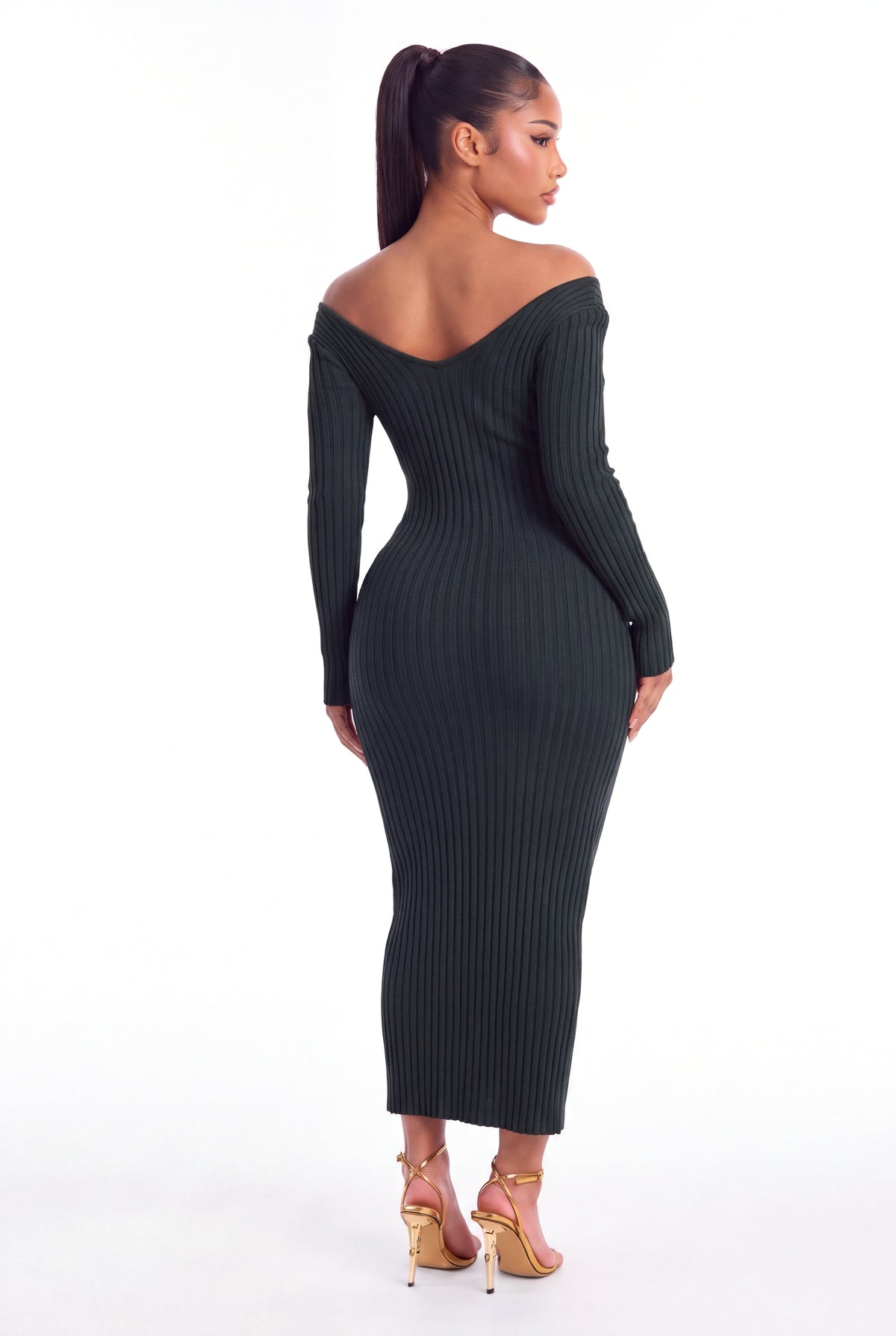 Lucia Ribbed Knit Midi Dress - Hunter Green - back
