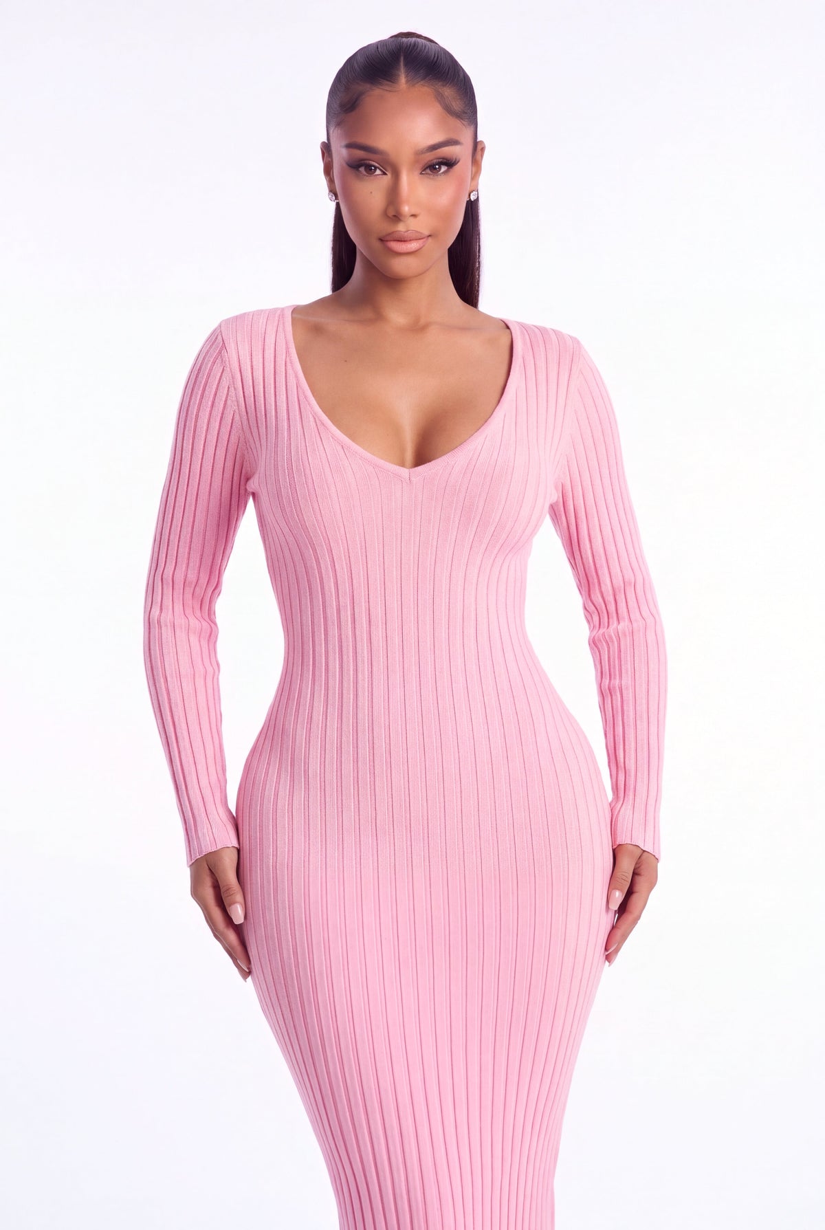 Lucia Ribbed Knit Midi Dress - Pink - front close-up