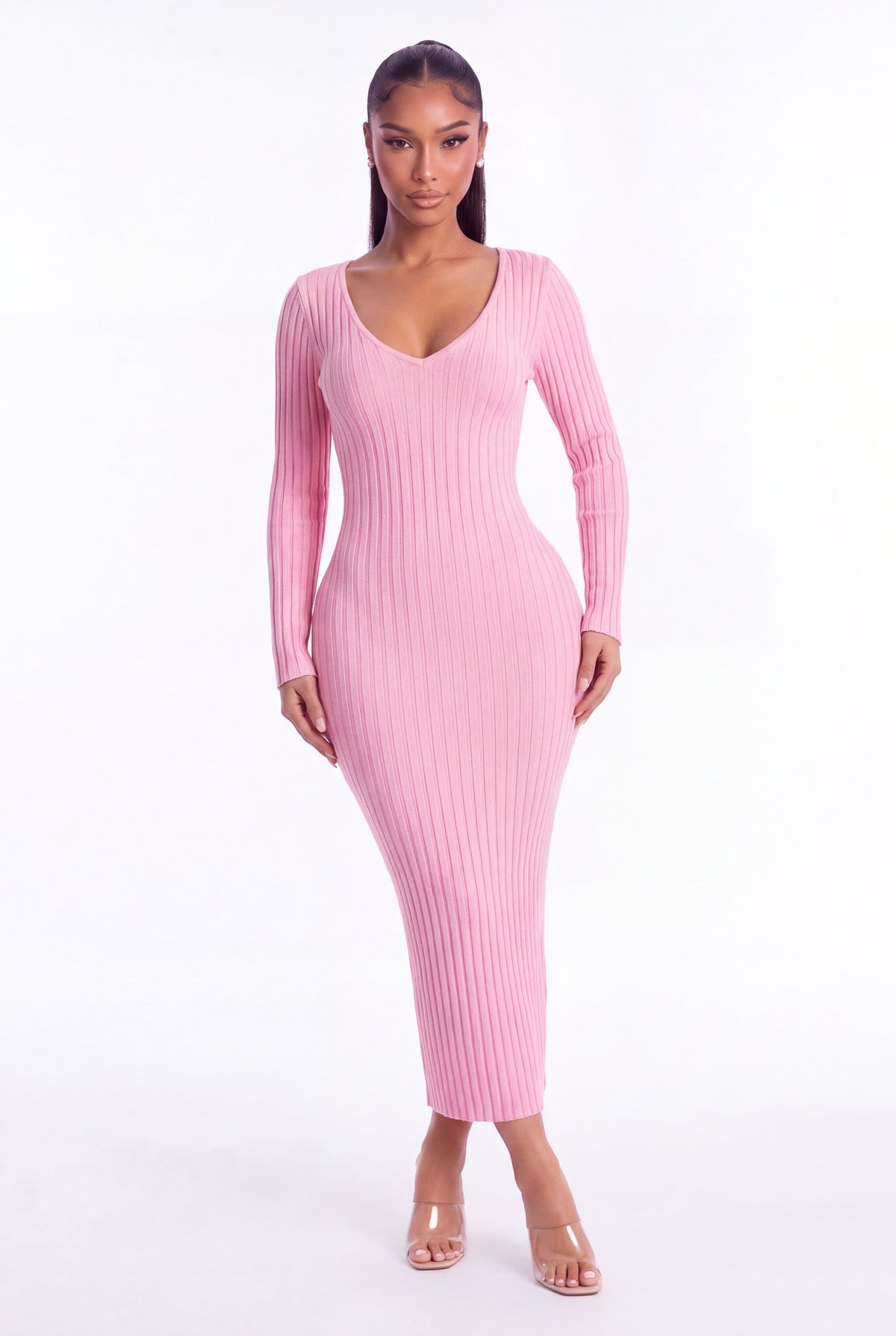 Lucia Ribbed Knit Midi Dress - Pink - front