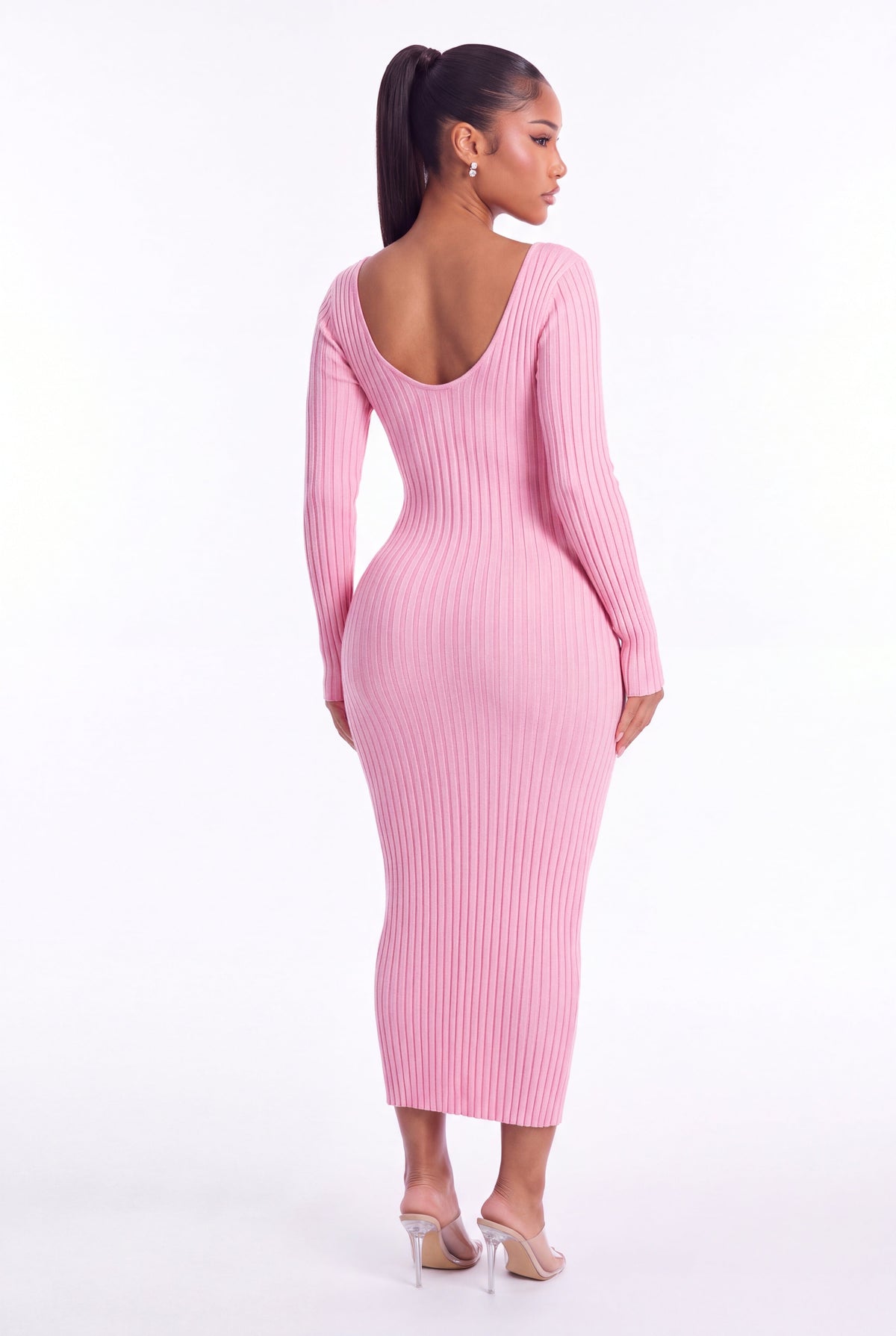 Lucia Ribbed Knit Midi Dress - Pink - back