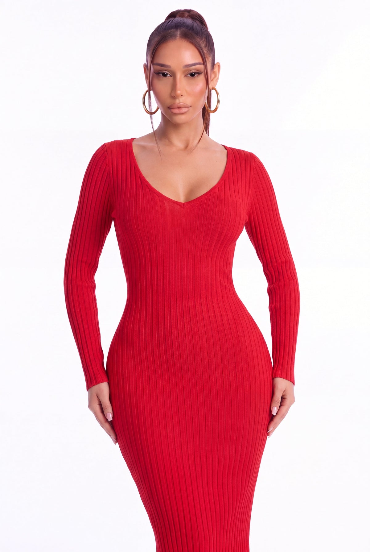 Lucia Ribbed Knit Midi Dress - Red - front close-up