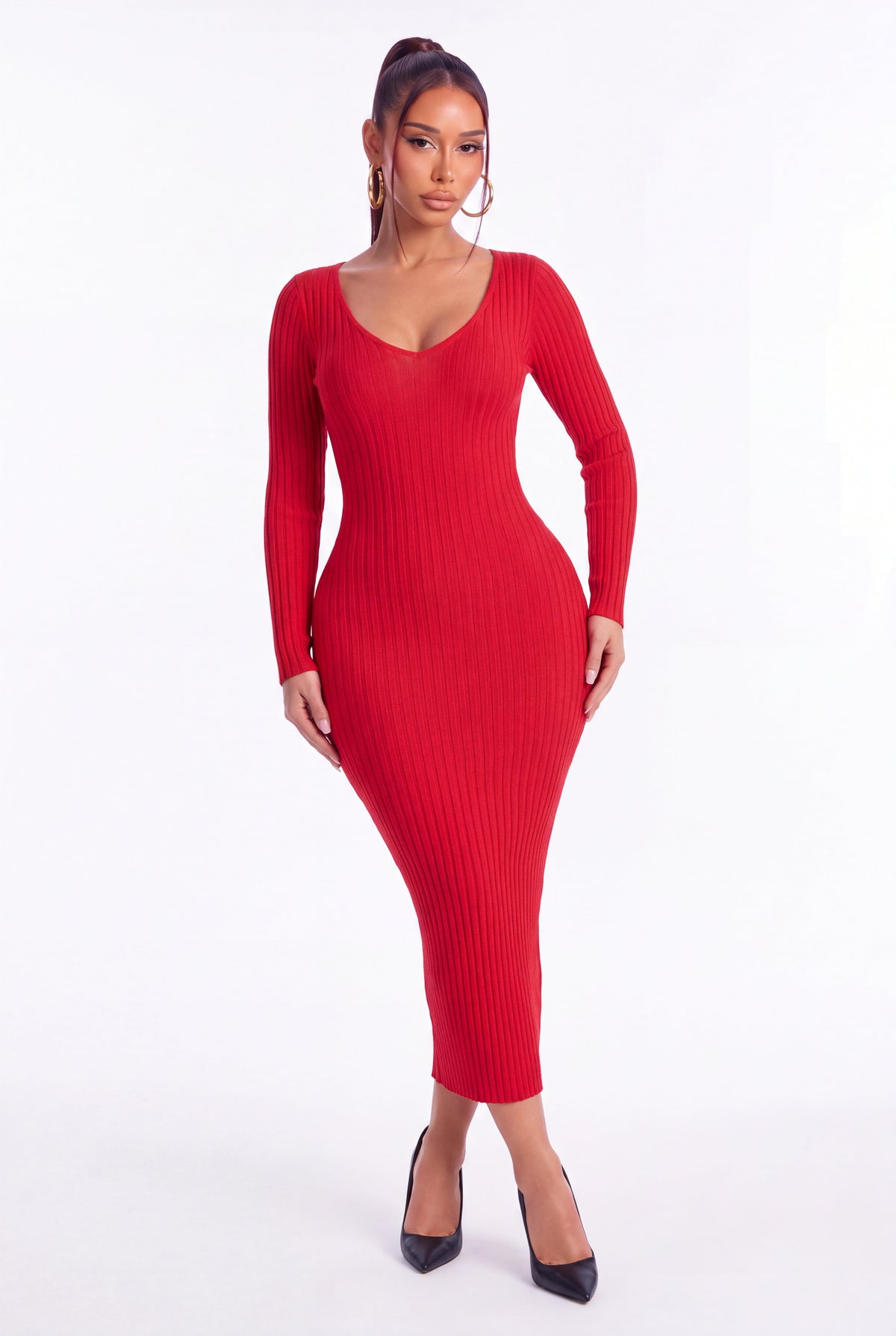Lucia Ribbed Knit Midi Dress - Red - front