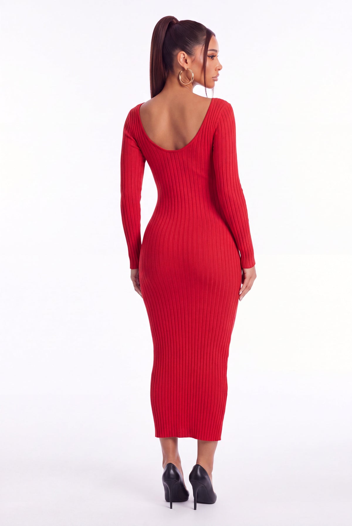 Lucia Ribbed Knit Midi Dress - Red - back