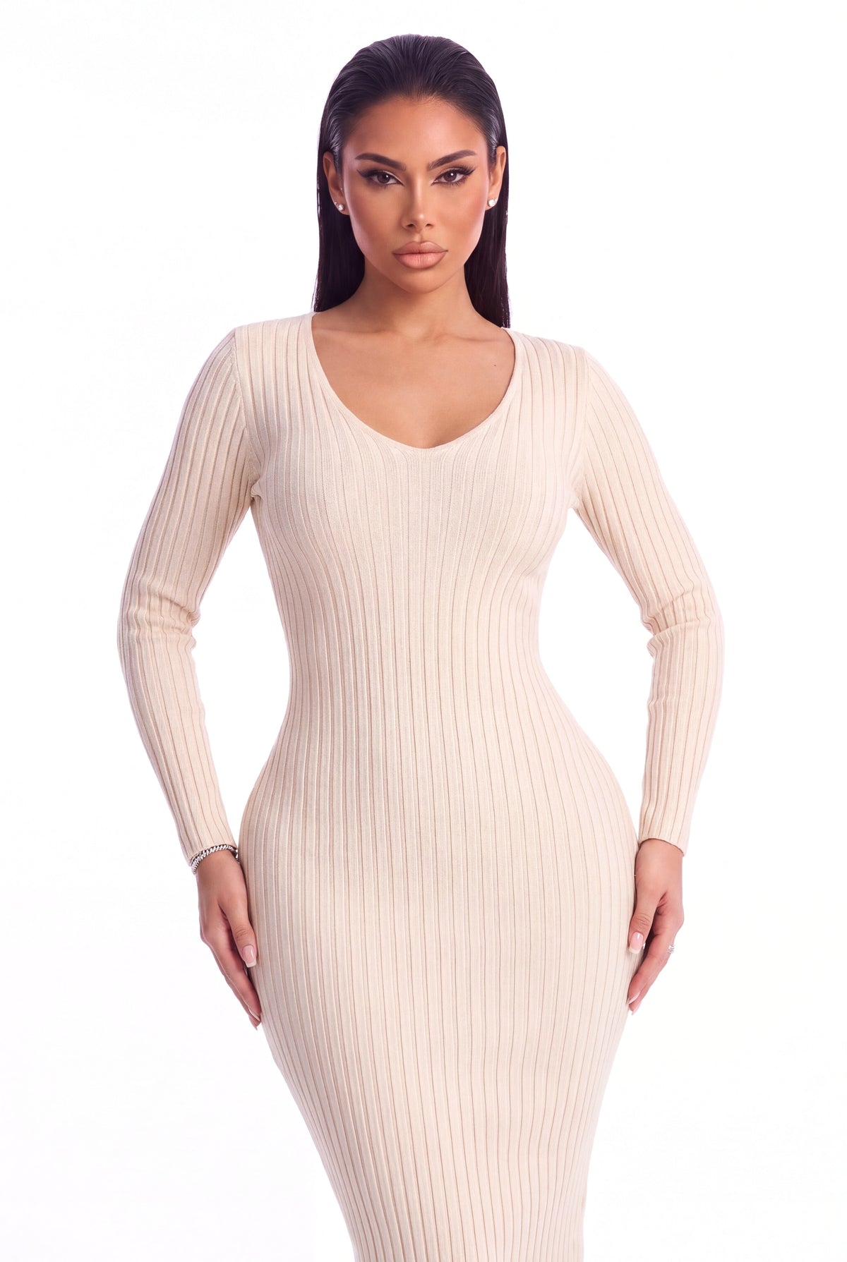 Lucia Ribbed Knit Midi Dress - Taupe - front close-up