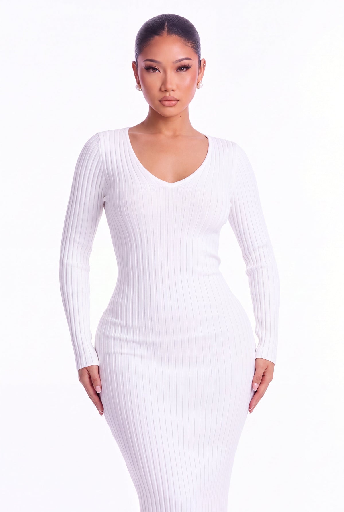 Lucia Ribbed Knit Midi Dress - White - front close-up