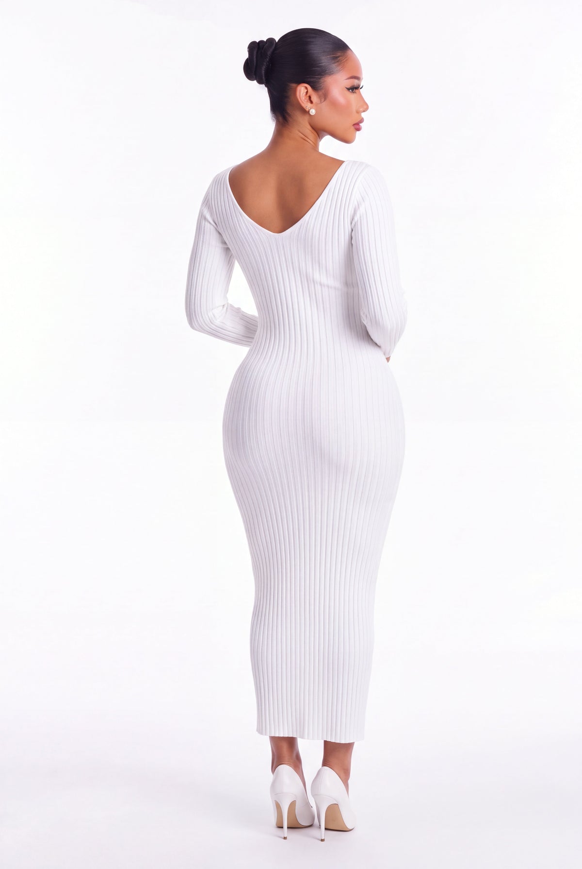 Lucia Ribbed Knit Midi Dress - White - back