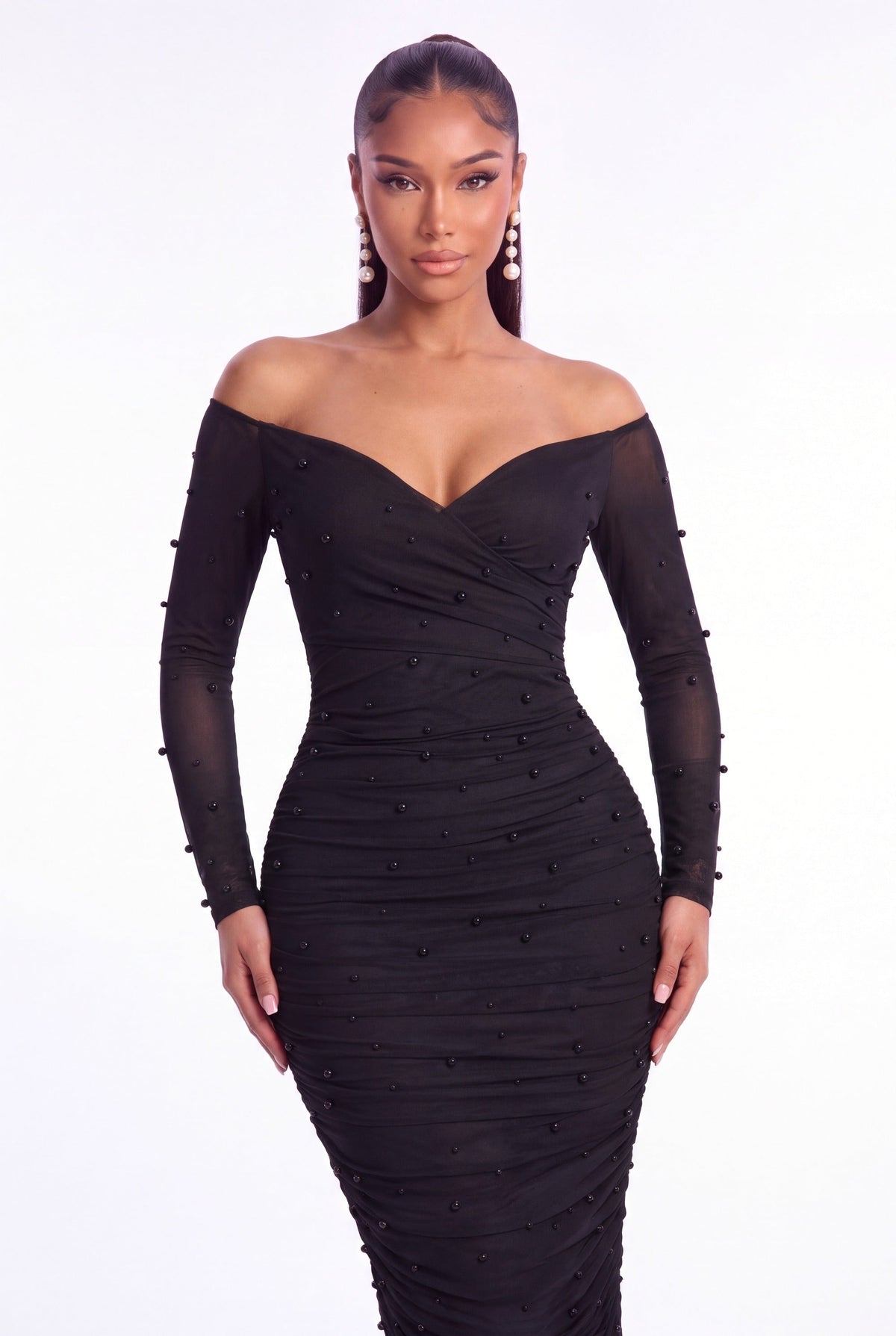 Perla Pearl Mesh Midi Dress - Black - front close-up