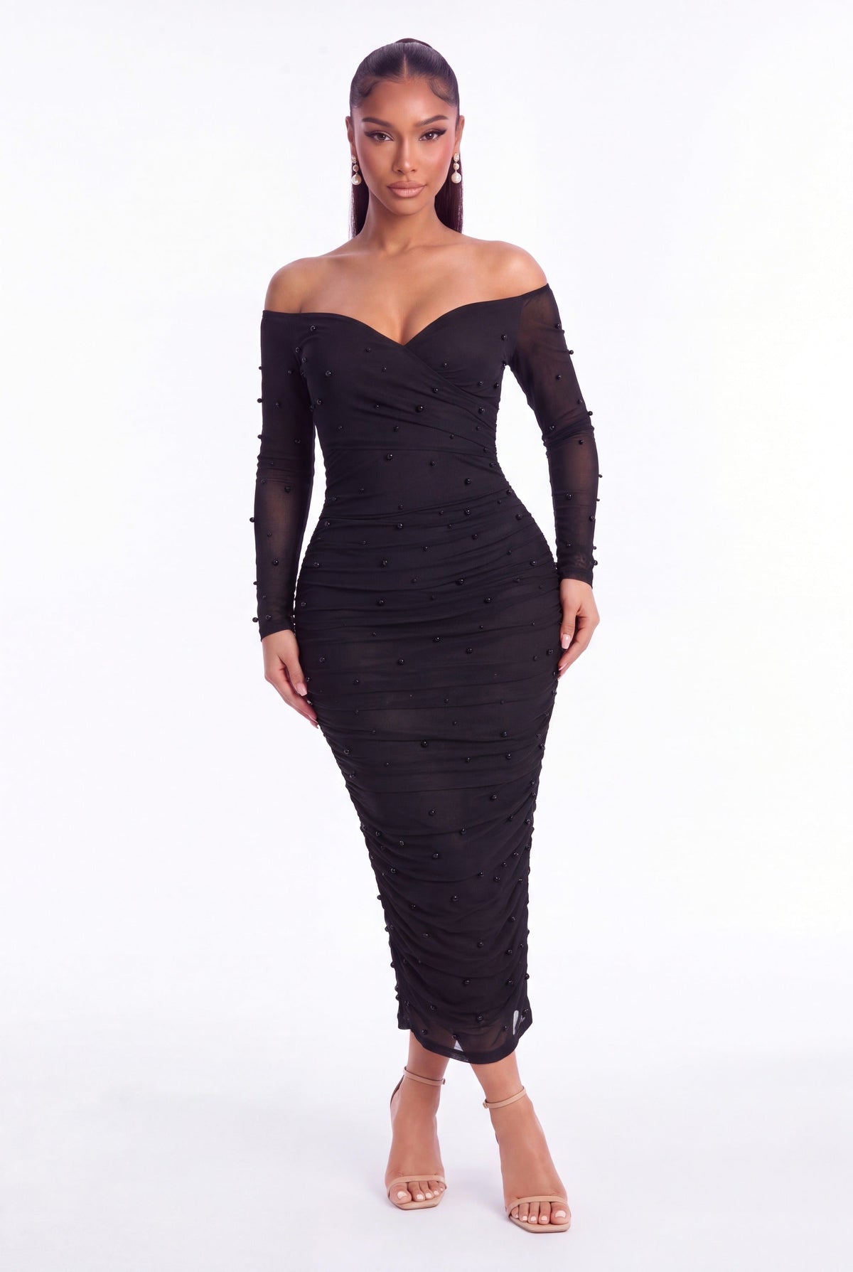 Perla Pearl Mesh Midi Dress - Black - front