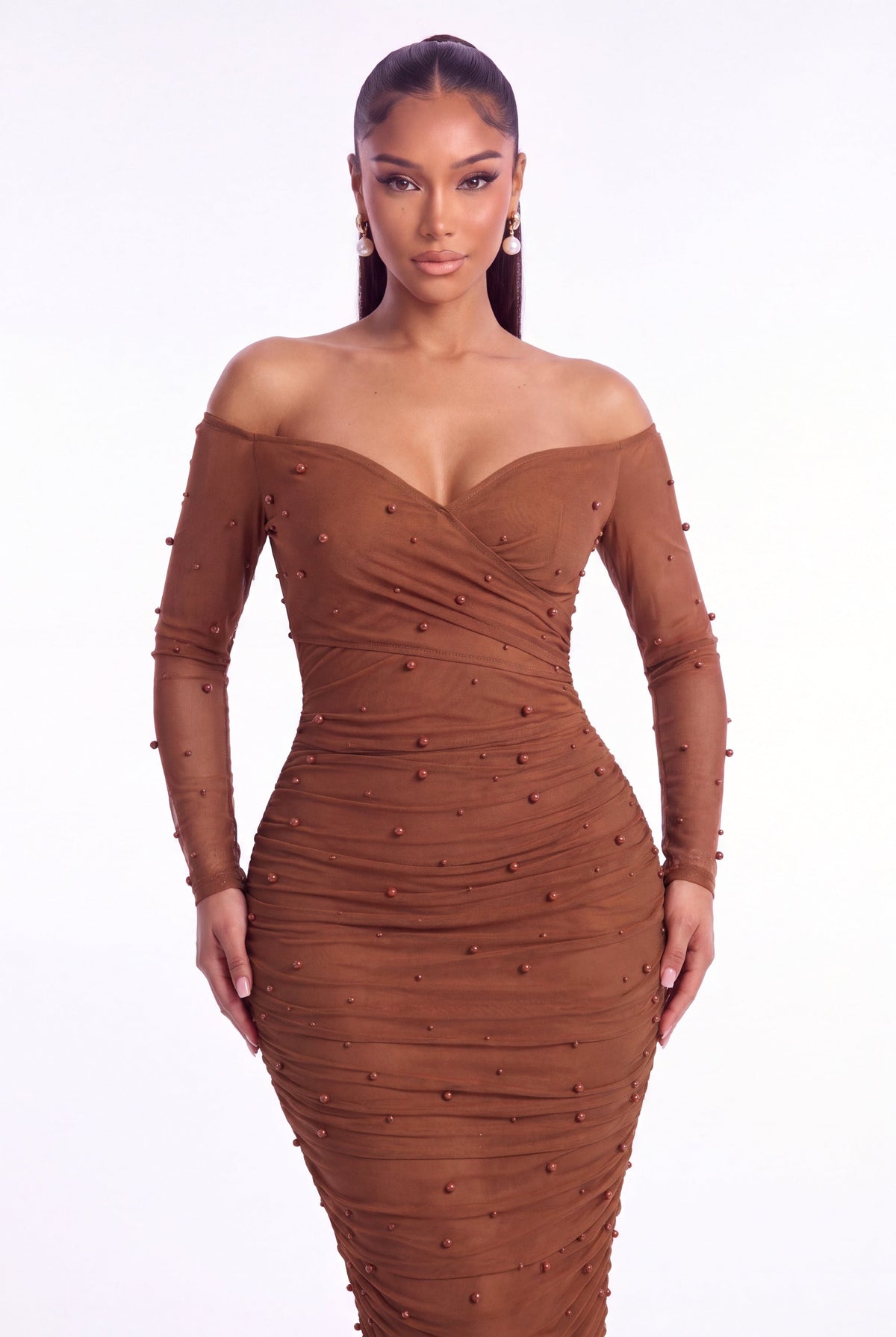 Perla Pearl Mesh Midi Dress - Light Brown - front close-up