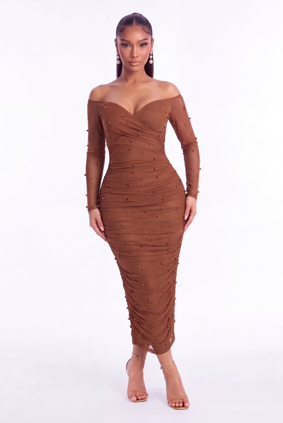 Perla Pearl Mesh Midi Dress - Light Brown - front