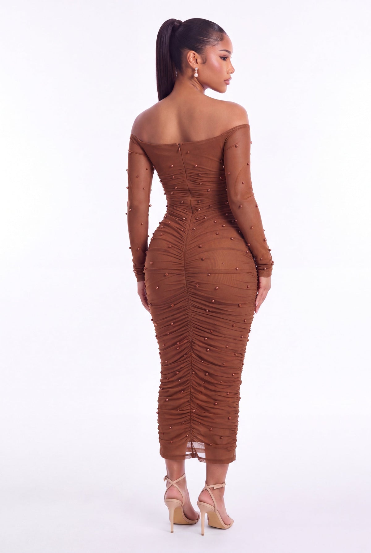 Perla Pearl Mesh Midi Dress - Light Brown - back