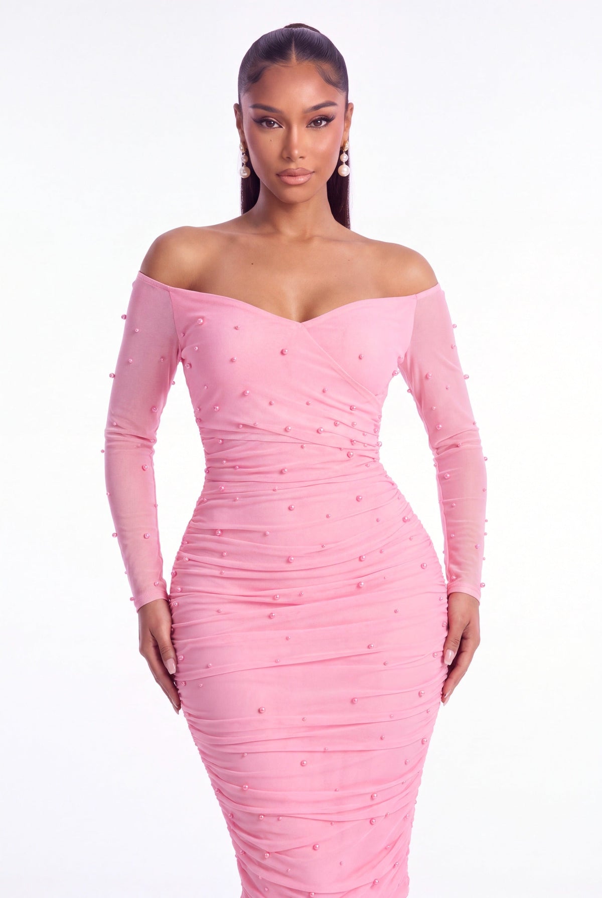 Perla Pearl Mesh Midi Dress - Pink - front close-up