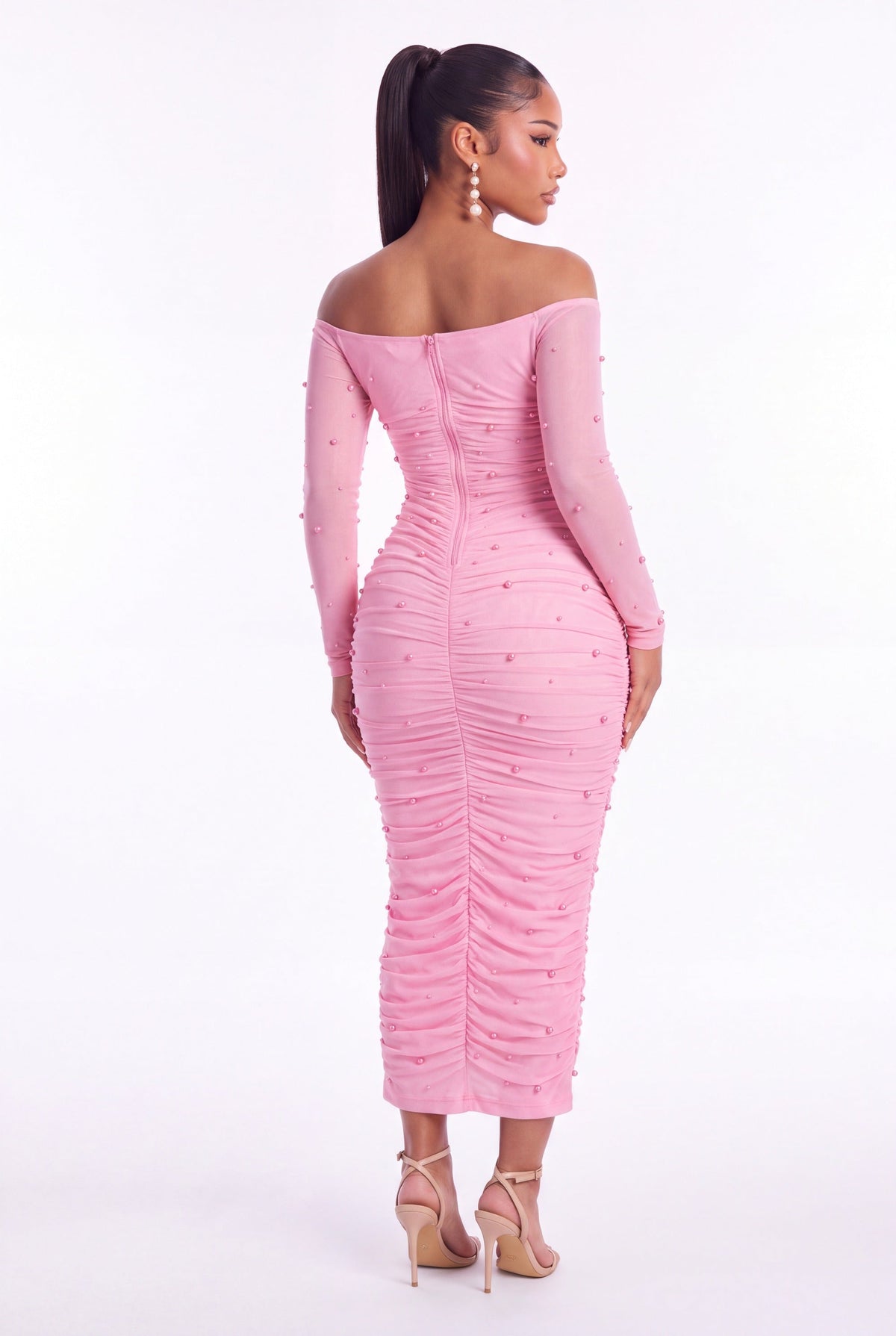 Perla Pearl Mesh Midi Dress - Pink - back