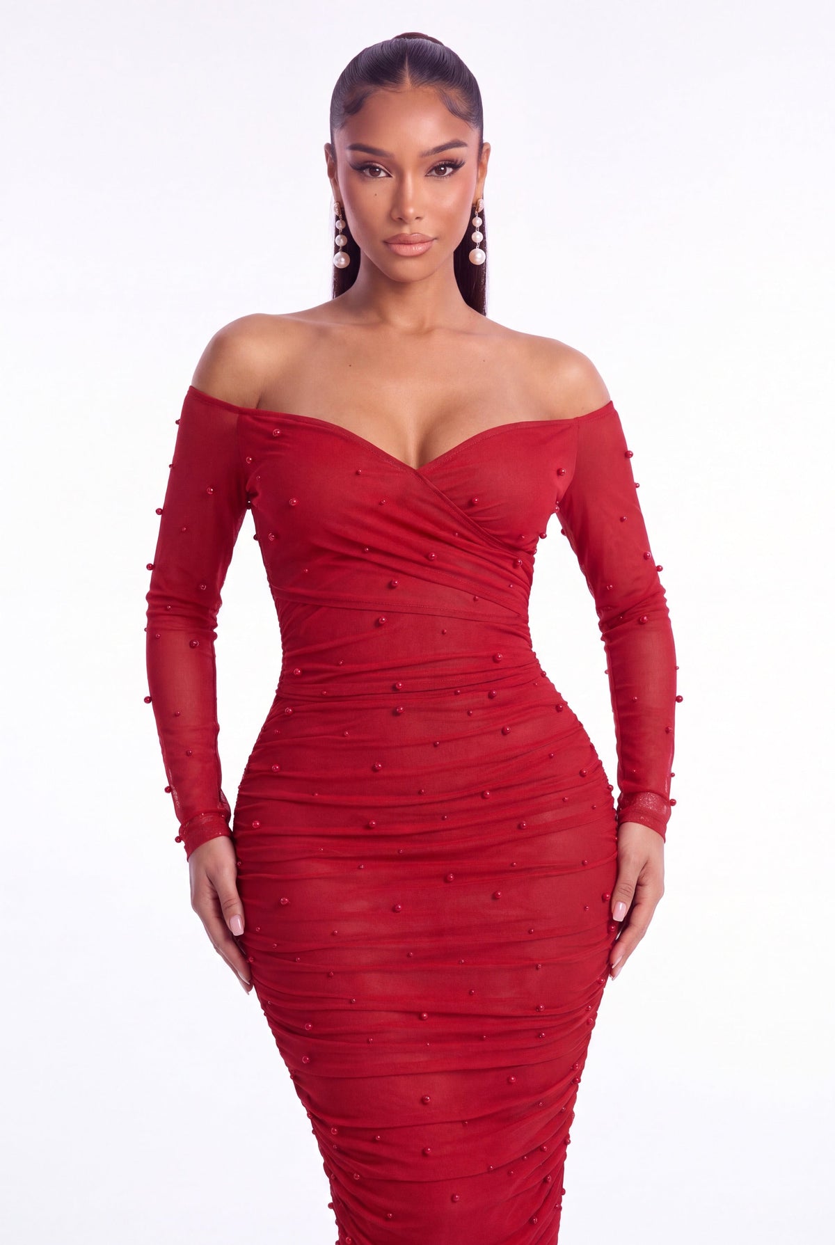 Perla Pearl Mesh Midi Dress - Red - front close-up