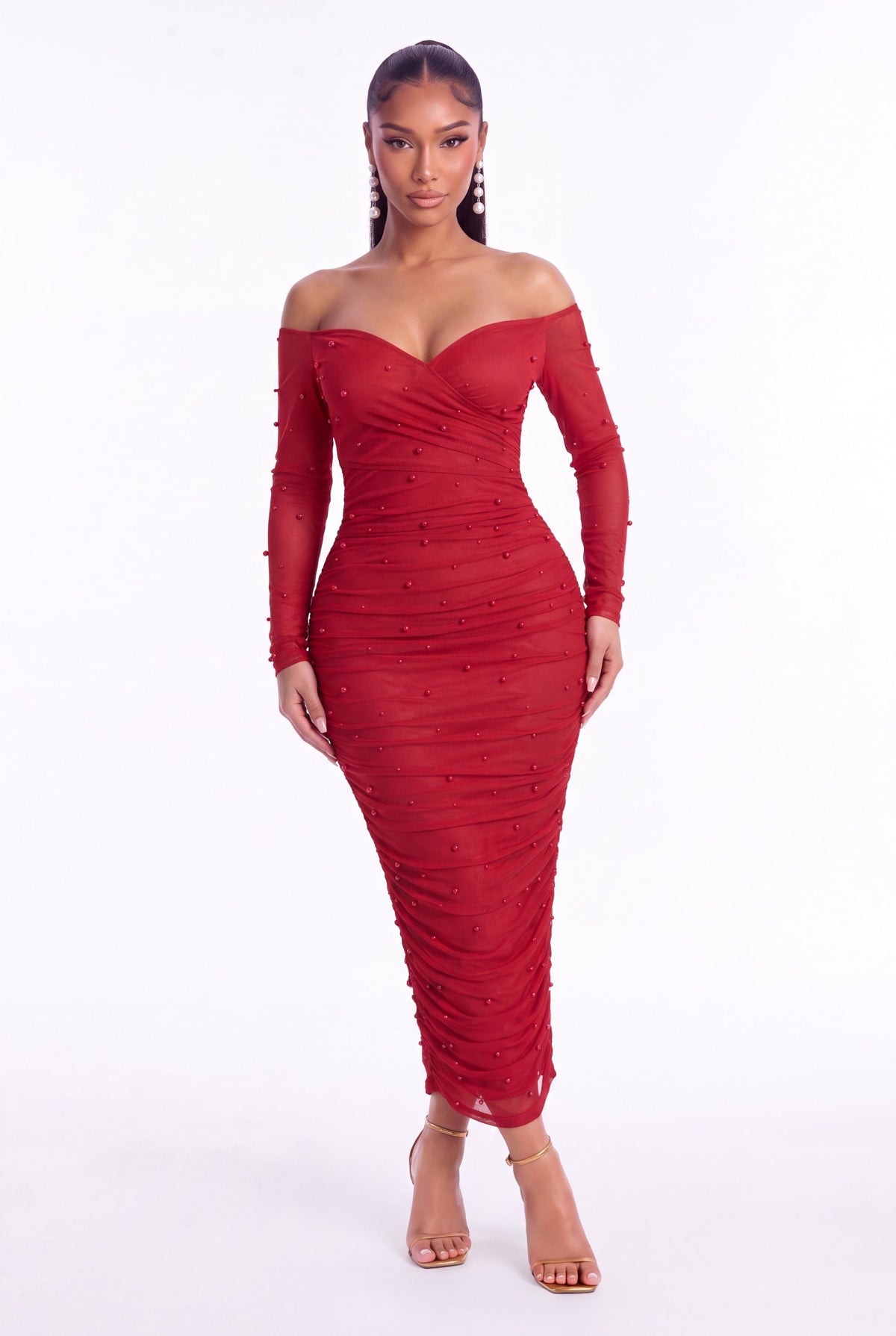 Perla Pearl Mesh Midi Dress - Red - front