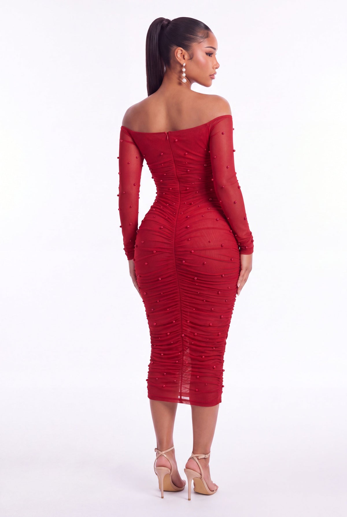 Perla Pearl Mesh Midi Dress - Red - back
