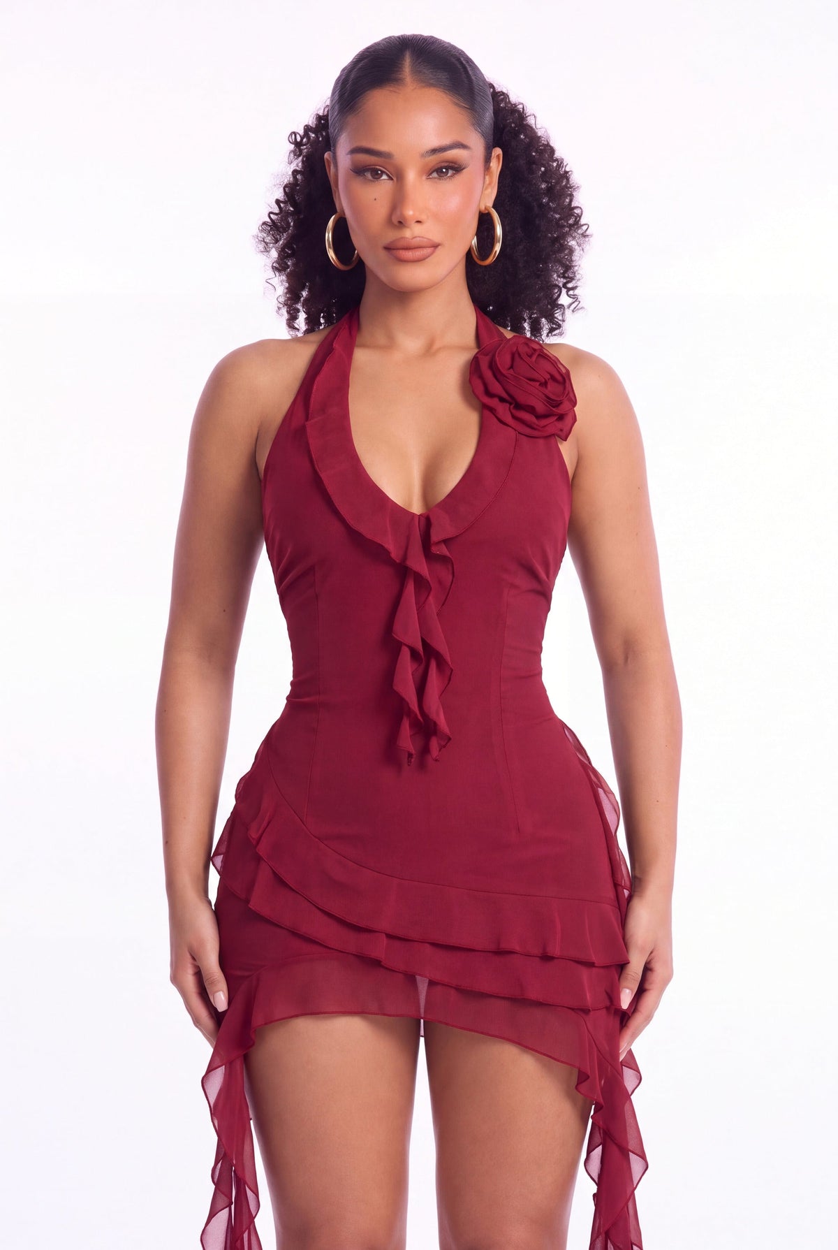Rosalia Ruffle Mini Dress - Wine - front close-up