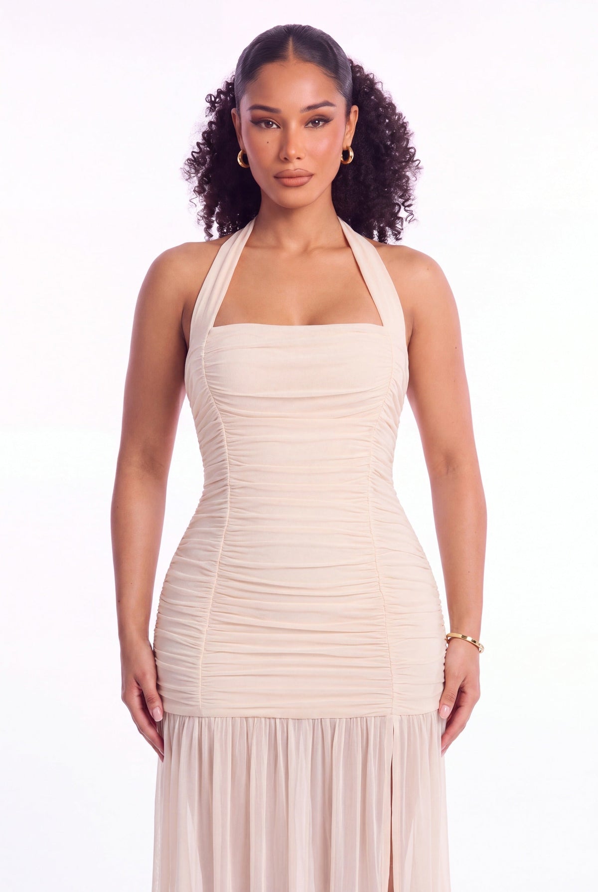 Serafina Halter Mesh Maxi Dress - Ivory - front close-up
